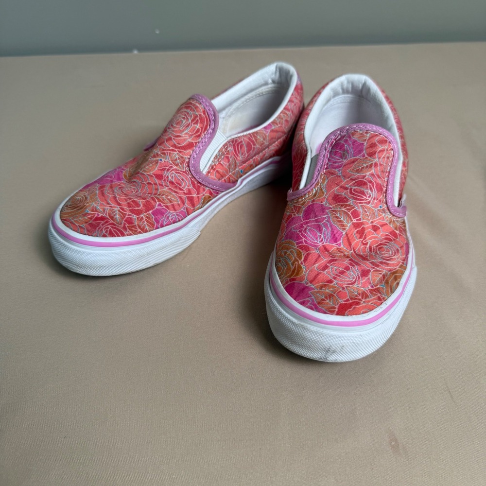 Vans Classic Slip On Pink Orange Rose Floral Canvas Sneakers Kids Size 1.0